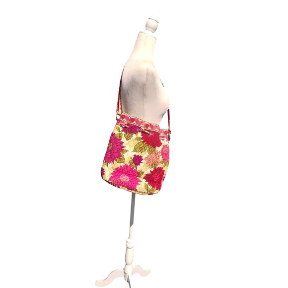 Vera Bradley Hello Dahlia Pink Floral Cotton Quilted Drawstring Shoulder Bag 12" - Picture 1 of 14